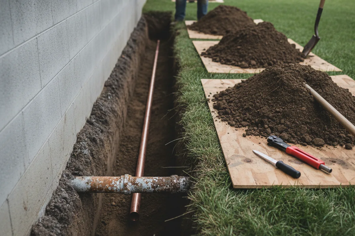 Excavated water line trench during Water Heater Repair in Hamburg